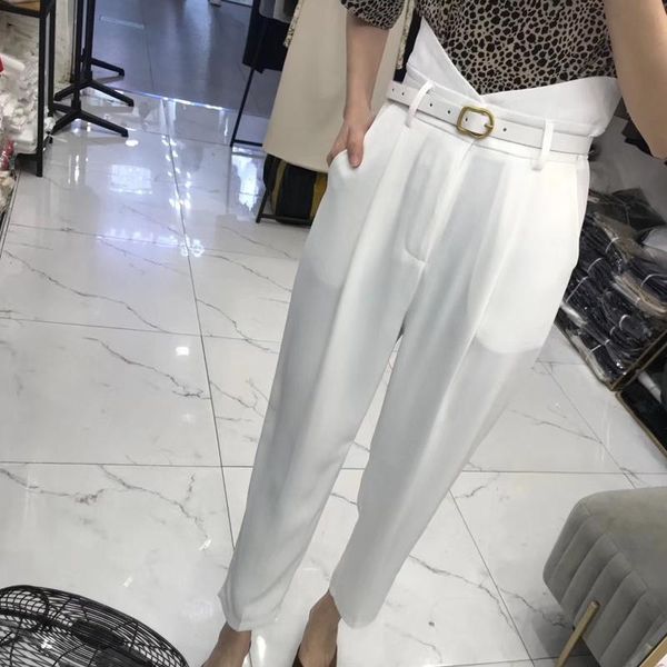 

women's pants & capris spring summer russian style women casual slim trousers solid color waist all-match quality straight with belt, Black;white