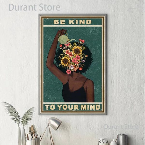 

paintings black girl mental health poster be kind to your mind positive art prints african woman vintage canvas painting home decor