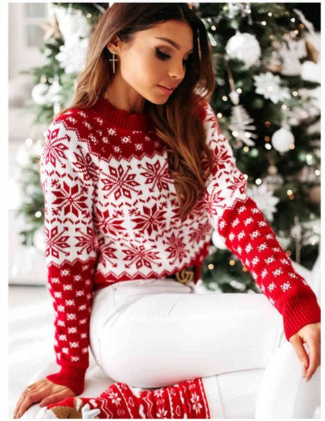 

women's sweaters snowflake red christmas ugly sweater women holiday bohemian winter xmas jumper long sleeve slim pullover femme kn, White;black