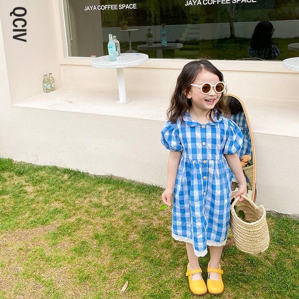 

girl's dresses girls summer fashion plaid short sleeve casual dress lace patchwork 3 colors loose cotton, Red;yellow