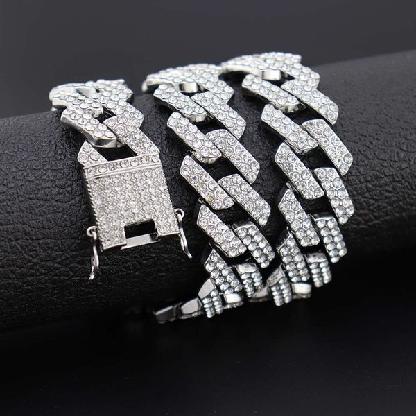 

chain widened 20mm bar cuban men's gold plated full diamond alloy hip hop, Silver