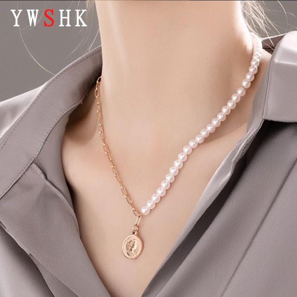 

european and american -selling creative simple retro pearl coin avatar pendant female necklace 2021 bohemian fashion jewelry necklaces, Silver