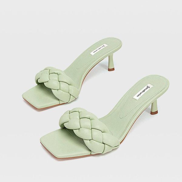 

summer women's slippers and sandals high heel female square toe woven slide lady's fashion shoes, Black