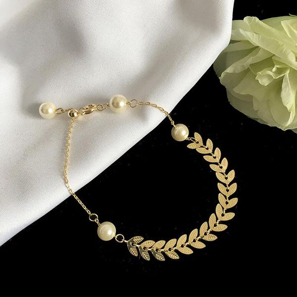 

fashon wheat ear pearl charm bracelet gold plated olive leaf design for women party wedding jewelry bracelets, Golden;silver