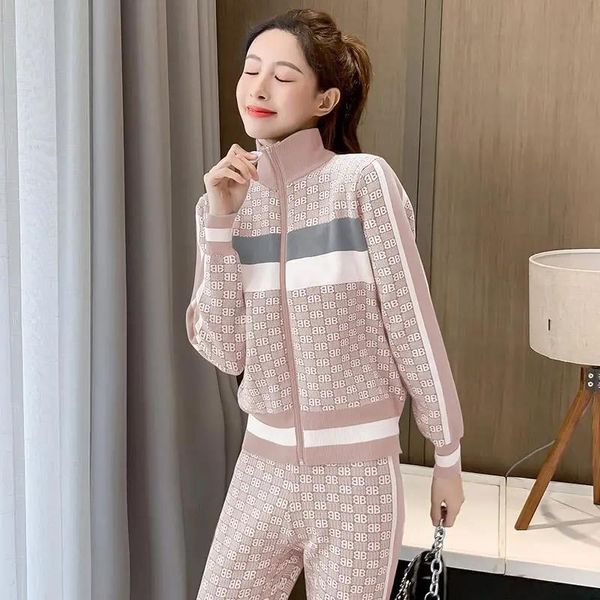 

women's two piece pants fashion street lapel long sleeve knitted jacket wommen + casual sports korean lettering printing slim suit, White