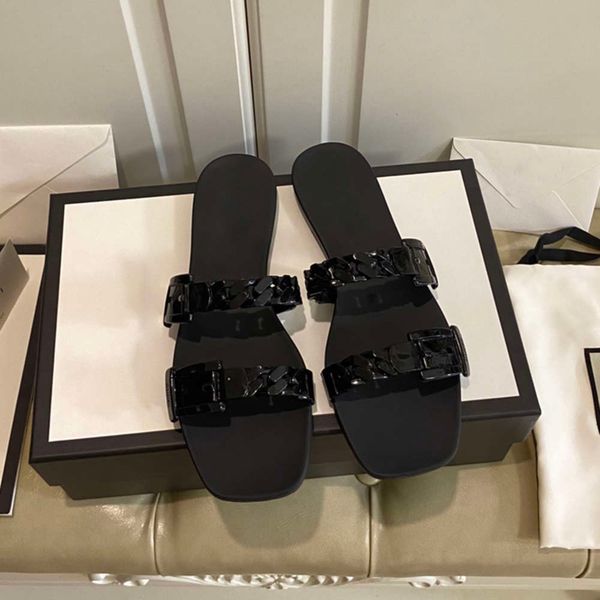

slippers women designers brand plastic chain jelly sandals fashion lady solid flat slides patent leather stylist sandal 35-40, Black