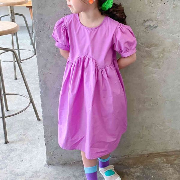 

temperament children's dress for 3-7 years old summer puff sleeve round neck solid color sweet girl 210515, Red;yellow