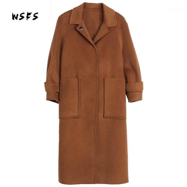 

winter coat brown long sleeve 100% sheep wool womens coats covered button turndown office lady elegant trench woolen overcoats women's, Black