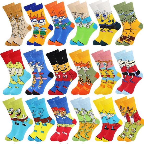 

men's socks 1pair man anime knitting hip hop women's cartoon middle tube sewing pattern funny casual street cotton skateboard, Black