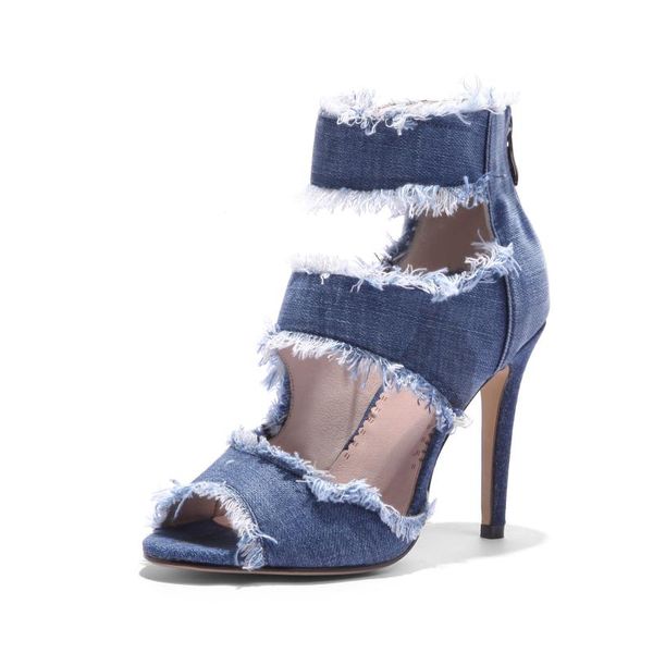 

kmeioo peep toe gladiator shoes women pumps denim high heels cutout stiletto zip thin party large size 9.5cm sandals, Black