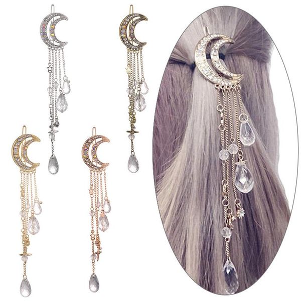 

hair clips & barrettes fashion elegant women bands lady moon rhinestone crystal tassel long chain beads dangle hairpin clip jewelry, Golden;silver