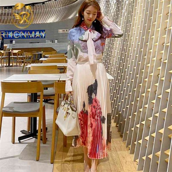 

skirt suits summer sets women bow collar long sleeve print floral shirts+mid-calf length pleated skirts 210520, White