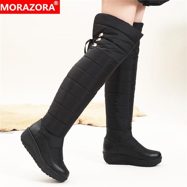 

boots morazora 2022 women thick fur warm down winter snow back lace up knee high platform shoes, Black