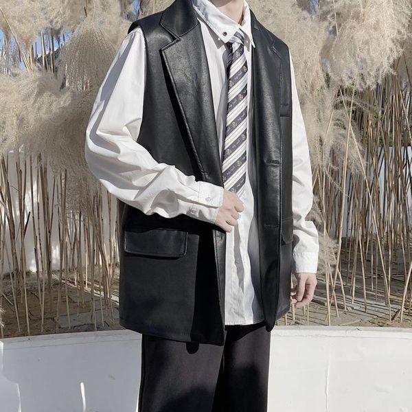 

spring and autumn youth pure color simple sleeveless leather clothes fashion casual all-match vest black/gray men's jackets, Black;brown