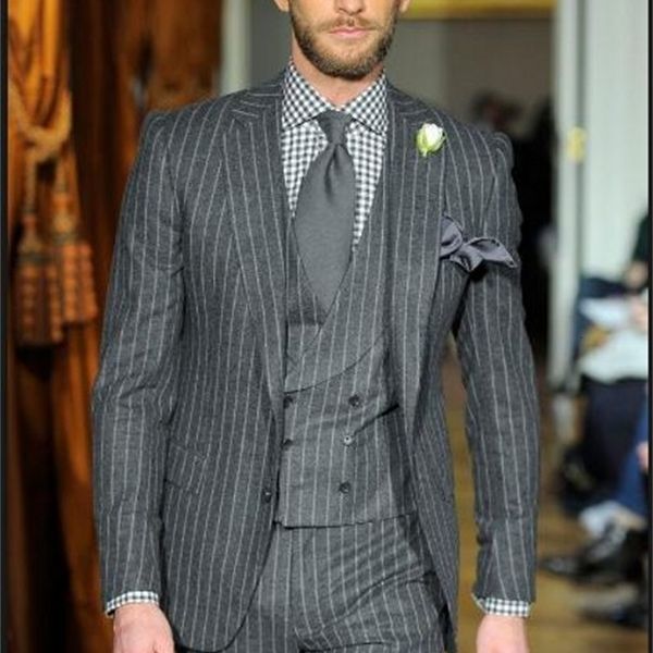 

men's suits & blazers est groomsmen grey with white stripe groom tuxedos notch lapel men wedding man bridegroom (jacket+pants+vest, White;black