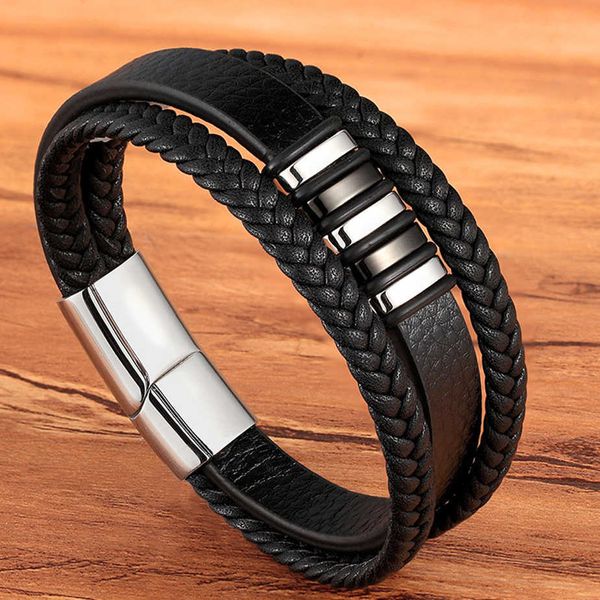 

fashion stainless steel charm magnetic black men bracelet leather genuine braided punk rock bangles jewelry accessories friend, Golden;silver