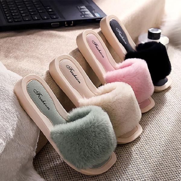 

women slippers winter autumn warm fluffy fur pink black house slides shoes fashion female soft flat no slip plush