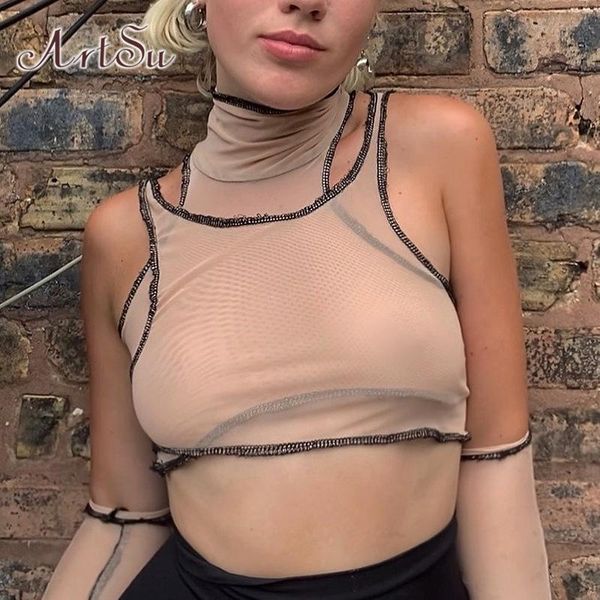 

women's t-shirt harajuku turtleneck mesh tee shirt femme gothic transparant crop tshirt black off shoulder 2pieces autumn ts5, White