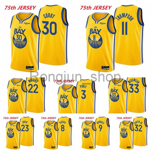 

2021-22 75th anniversary printed mens basketball klay stephen curry thompson andrew wiggins poole lee green gary payton ii gold jerseys, Black