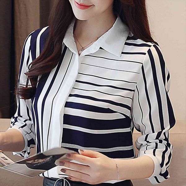 

long sleeve turn down womens shirt collar office striped chiffon b648, White