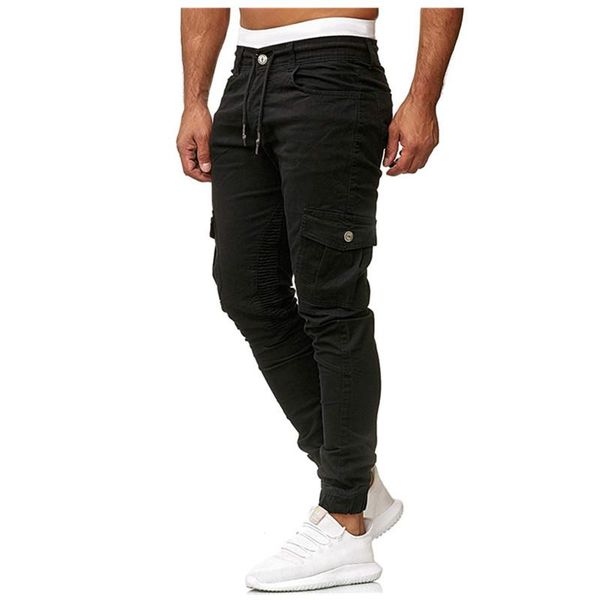 

men's pants men multi-pocket elastic waist sweatpants trousers male hip hop casual solid streetwear joggers, Black