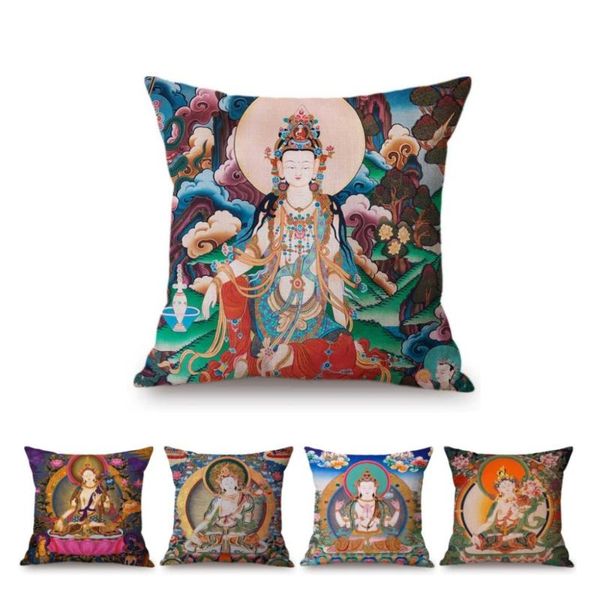 

cushion/decorative pillow buddhism worship buddha hand painted art work sofa throw case tibetan buddhist wall painting cotton linen cushion
