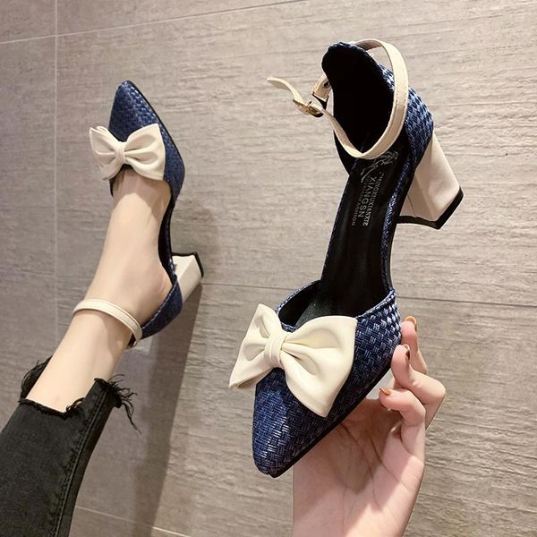 

summer style pointed bow baotou ladies high heels fashion color matching temperament single shoes elegant. dress, Black