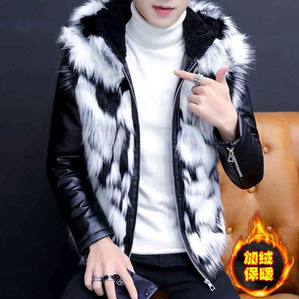 

men imitation fur one personality handsome hooded youth winter velvet with thick leather jacket cwxt, Black;brown