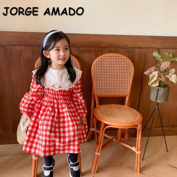 Atacado estilo coreano primavera meninas vestido vestidos de princesa xadrez com colarinho de renda destacável crianças roupas e277 210610