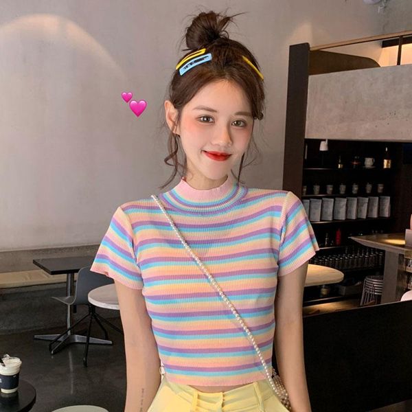 

women's t-shirt cropped rainbow striped korean knitted t shirt women turtleneck summer knitwear short sleeve harajuku slim shirts, White