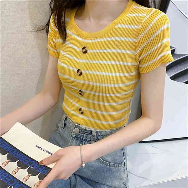 

fashion women's slim section o-neck single-row button threaded short-sleeved t-shirt button short knitted 210507, White