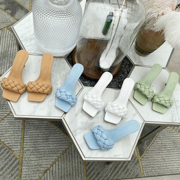 

dress shoes women's summer fashion weave square toe sandals women 2021 kitten heels slides slippers, Black