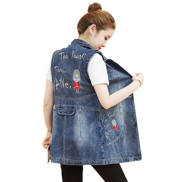 

women's vests rlyaeiz spring mid-long denim vest 2021 summer casual slim fashion printed basic sleeveless jeans jackets, Black;white