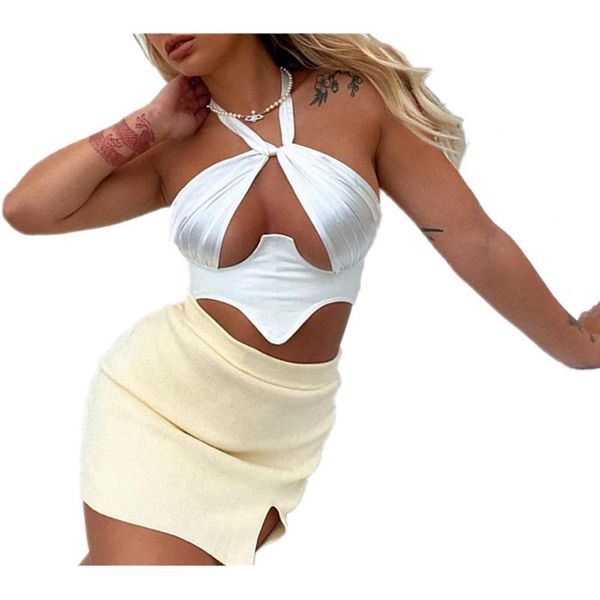 

women's tanks & camis summer women cutout crop tank personality sleeveless backless criss cross hollow halter plain camisole, White