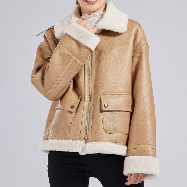Kadın Kürk Faux 2021 Kadın Haki Siyah Gerçek Kuzu Shearling Ceket Gevşek Stil Kış Doğal Koyun Derisi Ceketler