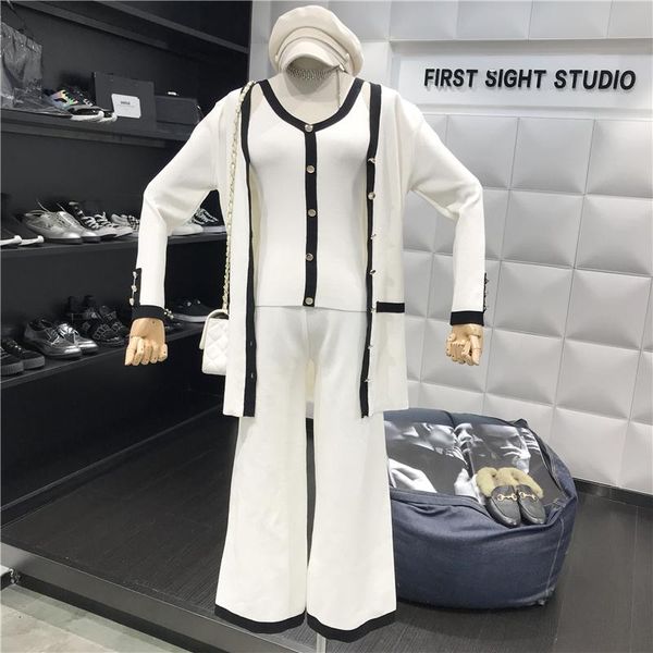

two piece dress 2021 spring ladies small fragrant v neck vest cardigan+wide-leg pants suit knitted three-piece women casual ol pant set, White