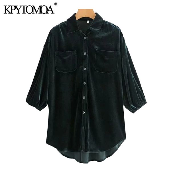 

women fashion with pockets oversized velvet blouses three quarter sleeve button-up female shirts chic 210420, White