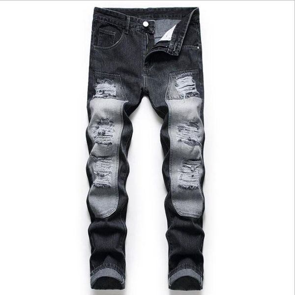 

men's jeans 2021 american style biker men casual washed cotton splicing holes mens pantalones hombre black denim pants, Blue