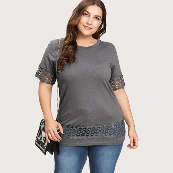 

women's blouses & shirts 5xl plus size casual blouse women 2021 summer o neck short sleeve lace patchwork grey ladies tunic, White