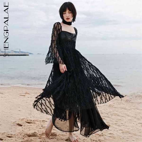 

elegant lace patchwork dress women's summer square collar waist flare long sleeve mid-calf dresses female 210427, Black;gray
