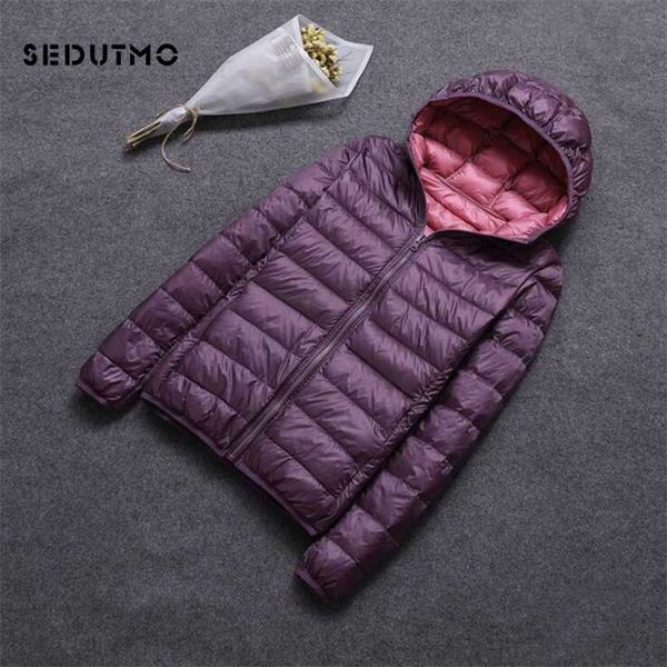 

sedutmo winter duck down coat women hooded two side wear jackets ultra light coat spring puffer jacket ed616 211126, Black