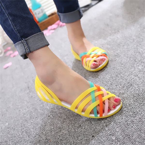 

summer flat sandals 2021 new soft rainbow colors slip on ladies jelly shoes 35-40 size hollow out female beach casual sandals, Black