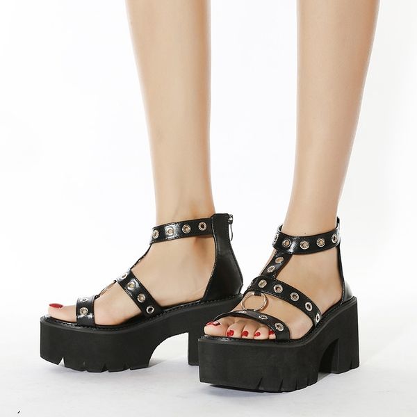 

sandals 2021 fashion rivet punk gothic women platform wedge leather strap casual summer girls shoes high heels gladiator 2c2s, Black