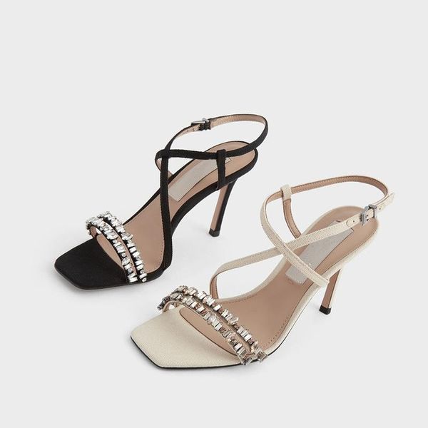 

women's high heel sandals 2021 summer semi-precious stone open toe with, Black