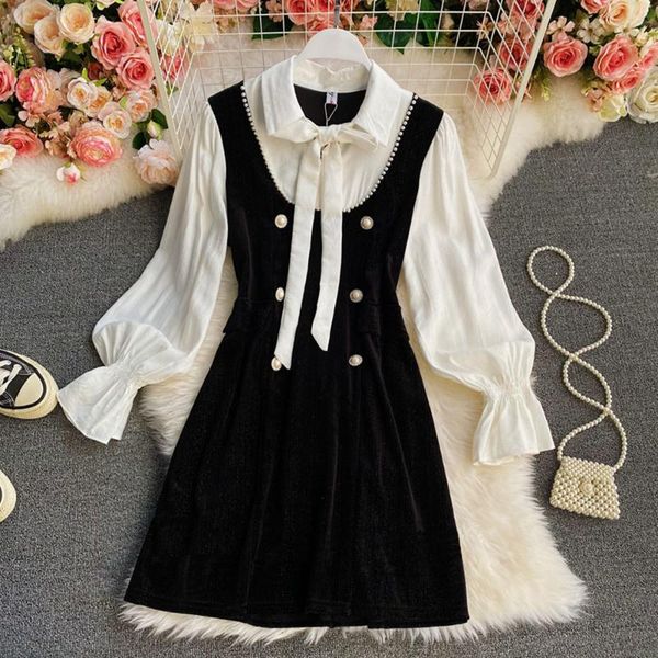 

casual dresses vintage velvet black dress stand neck lantern sleeve party high waist slim vestidos korean elegant women, Black;gray