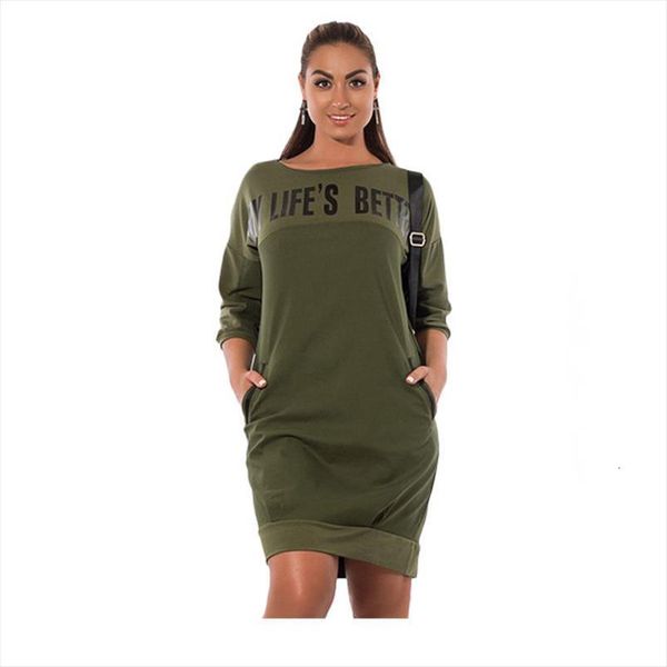 

5xl 6xl plus size women dress casual autumn clothing three quarter sleeve letters print natural straight mini, Black;gray