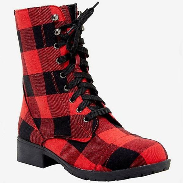 

2021 autumn red plaid thick heel medium tube women's boots large martin sho, Black
