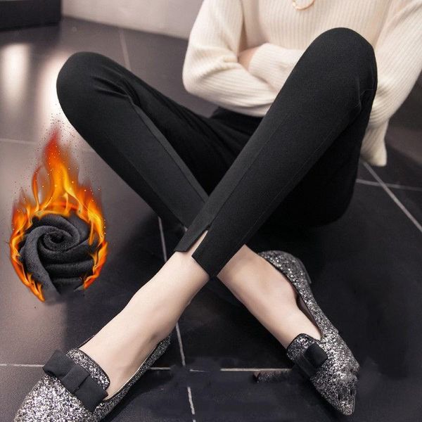 

women's pants & capris korean thick pencil for women winter warm skinny femme trousers with velvet inside solid slim female plus size b, Black;white