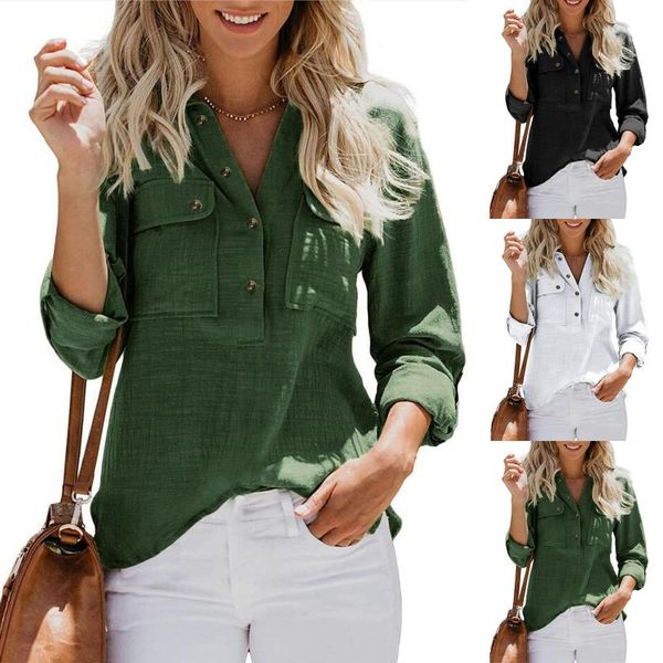 

women's blouses & shirts fashion button irregular t-shirt casual pocket summer linen cotton ladies female women long sleeve shirt blus, White