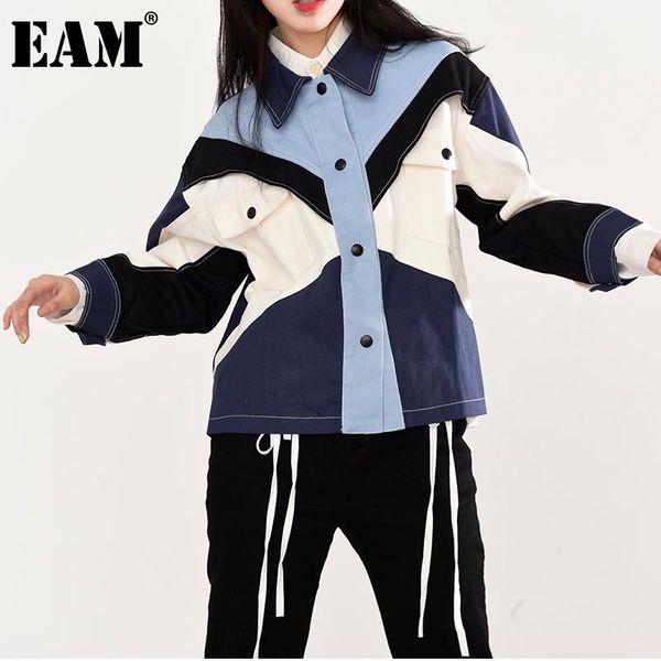 

women's jackets [eam] loose blue white personality big size denim jacket lapel long sleeve women coat fashion spring autumn 2021 1db903, Black;brown